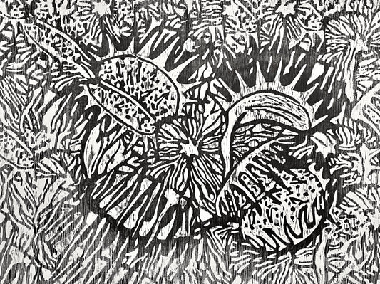 The image is a black and white woodcut print with intricate and dense patterns. It depicts several Venus Flytraps, characterized by their spiky, tooth-like edges and bulbous, trap-like structures. The composition is highly detailed, with complex textures and overlapping forms, giving it a sense of depth and movement. The lines are bold and varied, creating contrast and highlighting the natural forms of the plants. The overall effect is a mesmerizing and somewhat abstract representation of Venus Flytraps.