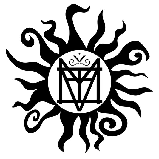 The image is a black and white design featuring a stylized sun with wavy, flame-like rays emanating from a central circle. Inside the circle is an intricate, geometric emblem composed of sharp lines and shapes that form a symmetrical design. The emblem has an abstract, almost rune-like appearance, with an emphasis on vertical and diagonal lines. Above the central part of the emblem is a small decorative element resembling a crown or a stylized "V" shape with a swirl underneath it.