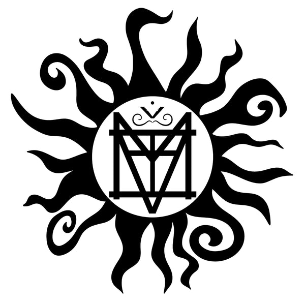 The image is a black and white design featuring a stylized sun with wavy, flame-like rays emanating from a central circle. Inside the circle is an intricate, geometric emblem composed of sharp lines and shapes that form a symmetrical design. The emblem has an abstract, almost rune-like appearance, with an emphasis on vertical and diagonal lines. Above the central part of the emblem is a small decorative element resembling a crown or a stylized "V" shape with a swirl underneath it.